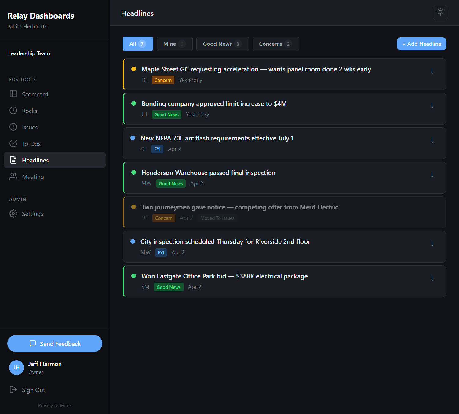 Headlines screen showing color-coded team updates